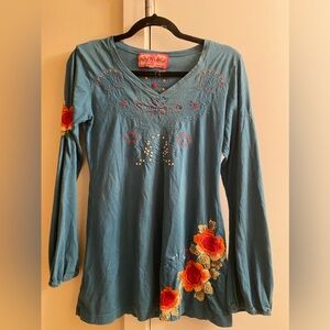 Johnny Was -Bohemian knit top teal/turquoise- slightly used MED